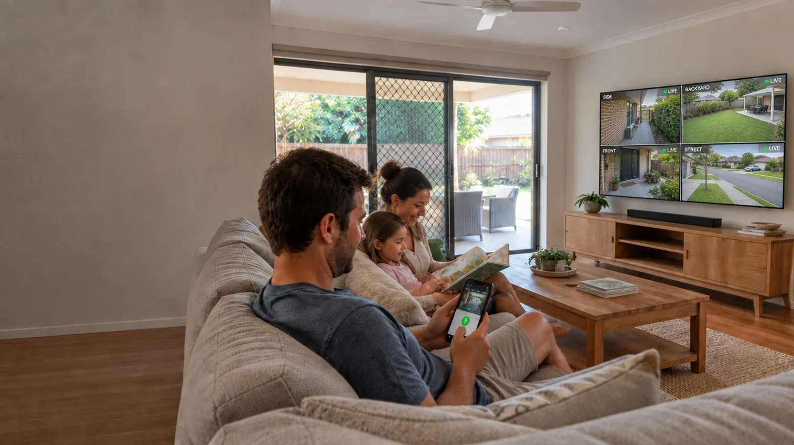 Family relaxing at home while live CCTV feeds show on the TV and phone