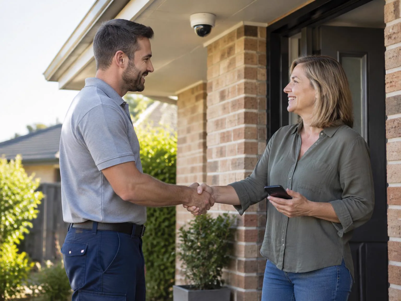 Sunshine technician shaking hands with a happy homeowner after a finished security installation, with the new camera visible above